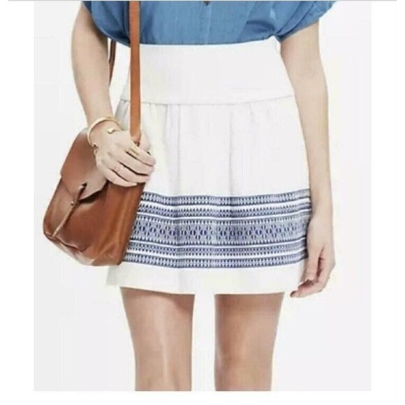 Madewell Skirt Womens Size 10 White Blue Embroidered Mini High Waist Boho Cotton - Picture 1 of 9
